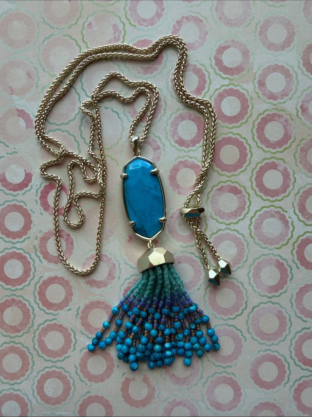 Kendra Scott Gold-Tone Necklace with Turquoise Stone & Blue Beaded Tassel